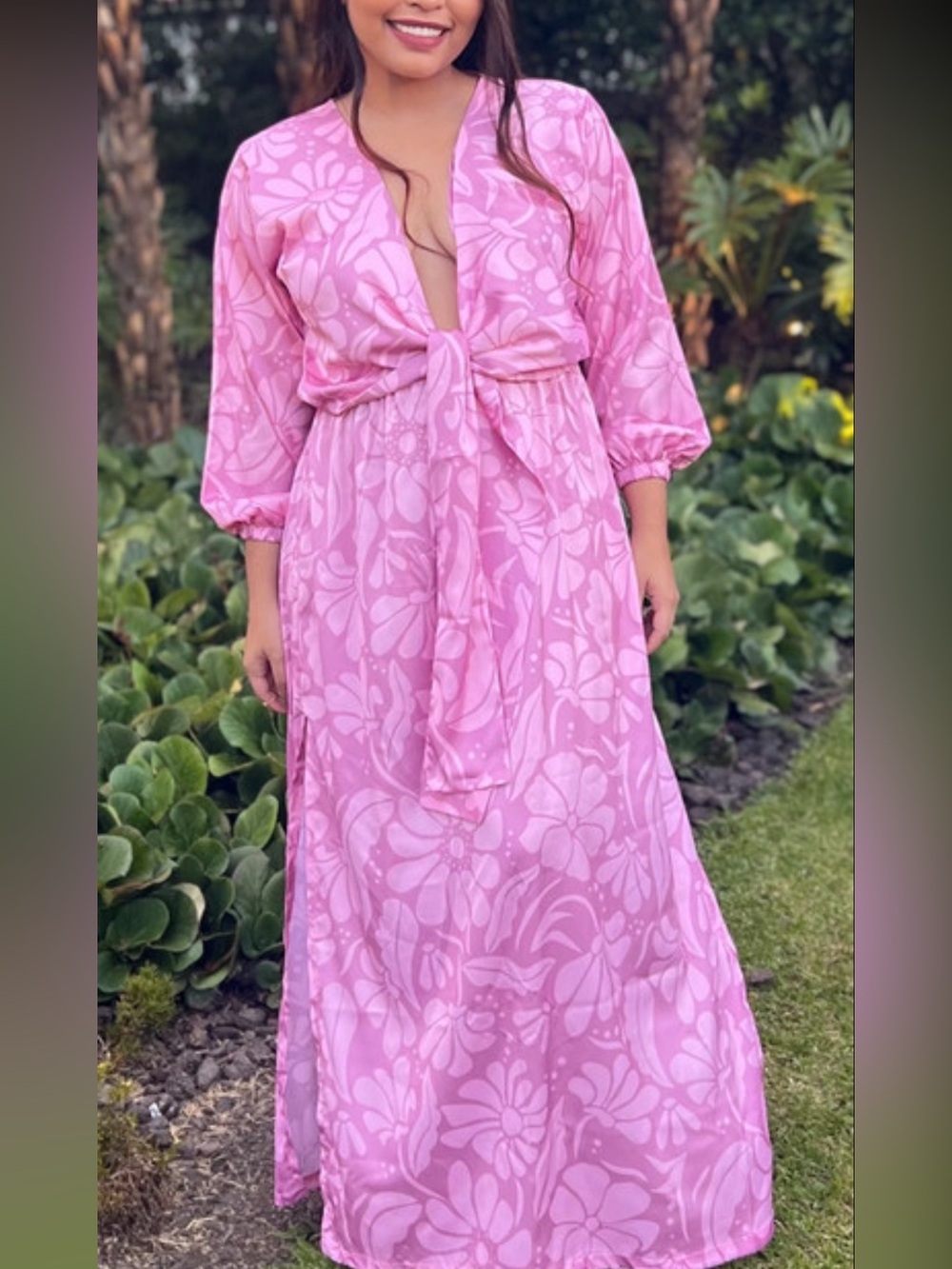 Pink Floral Tie-Front Girls' Maxi Dress